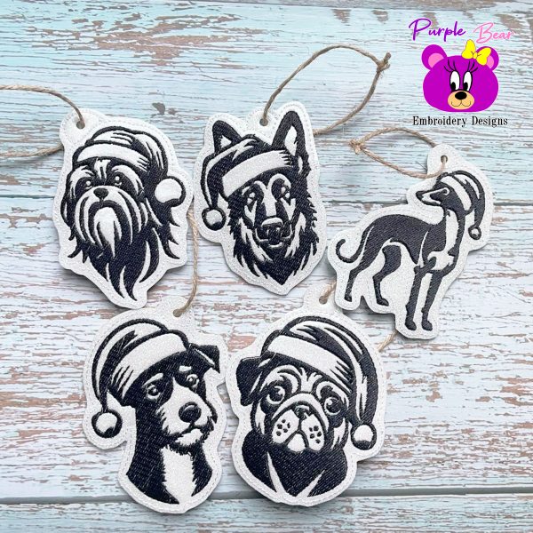Christmas dogs Ornaments, Set 3, 5 designs